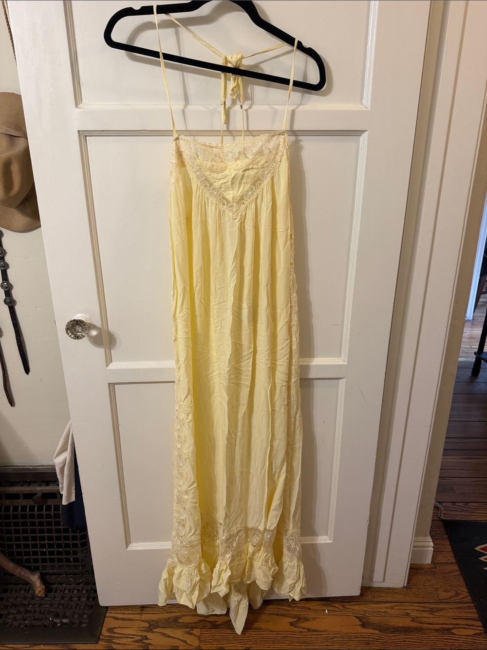 Free People Pale Yellow Lace-Trim Slip Chemise